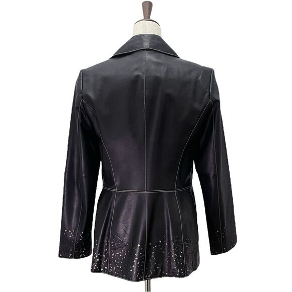 Vintage Classiques Entier Black Leather 3-Button Blazer Lasercut Trim Sz 10 Y2K - Picture 7 of 15